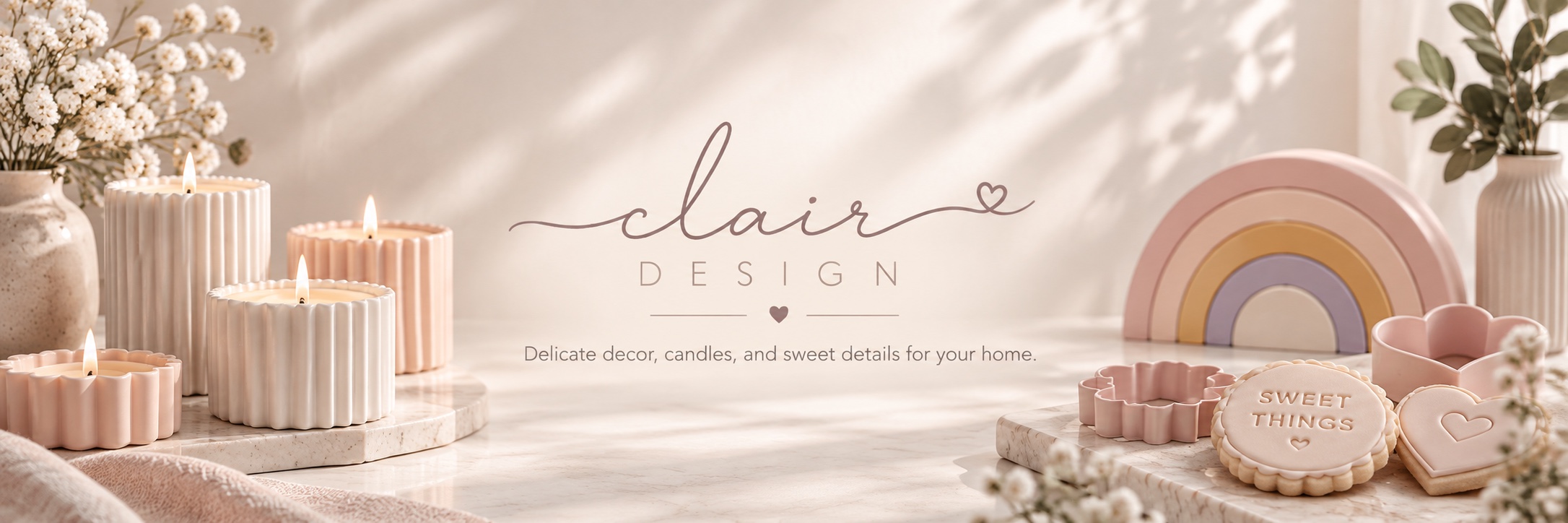 Clair Design pieces: fluted candle holders with lit candles, a pastel rainbow, flower cookie cutters and two frosted cookies that read Sweet Things